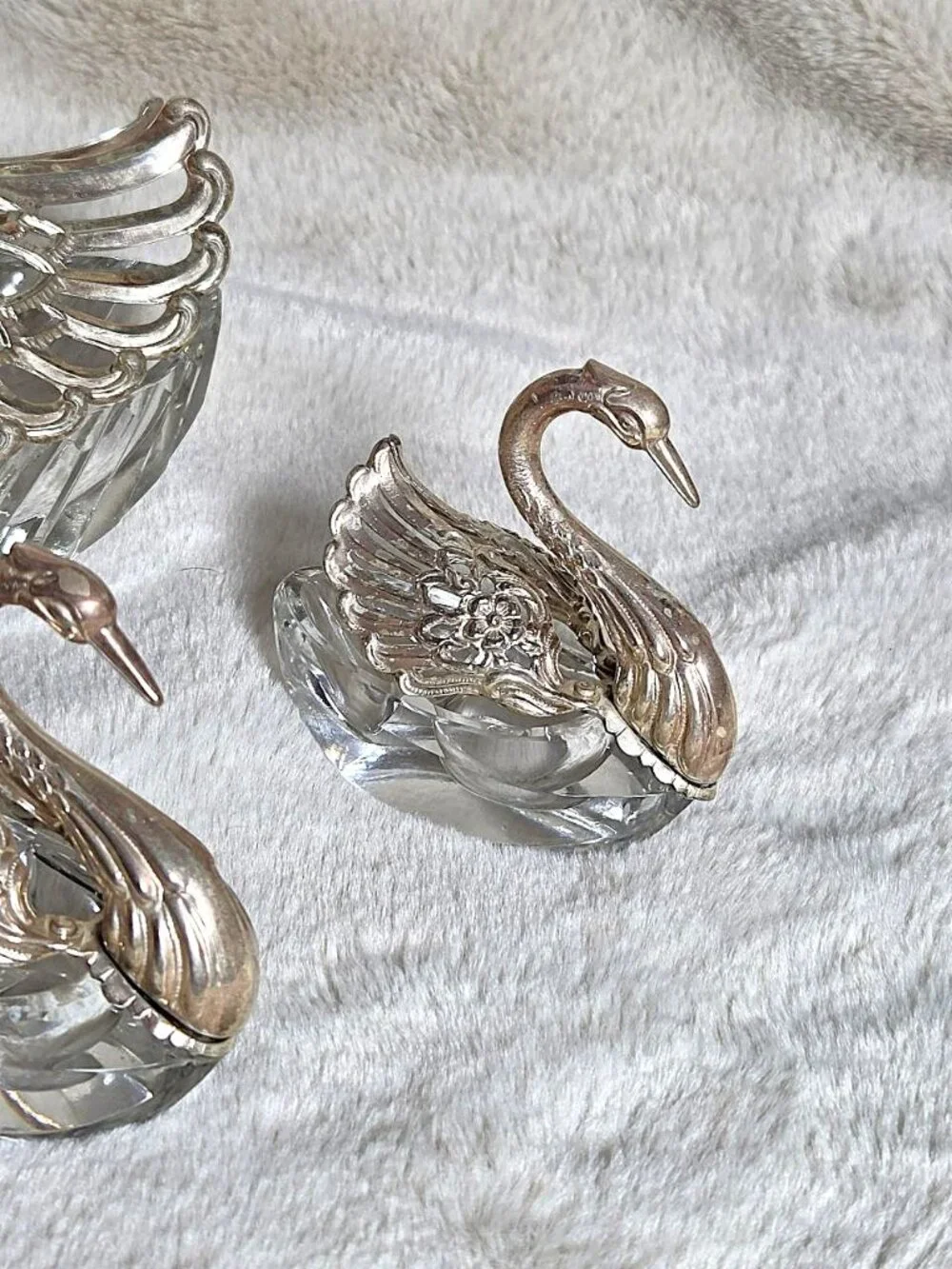 Vintage German Sterling Silver & Crystal Swan Master Salt Cellar Set of 3 - #F